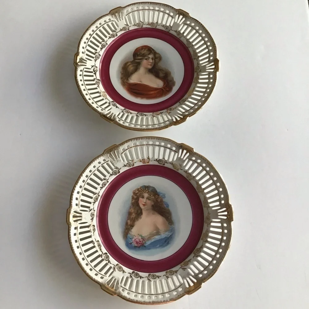 PAIR Portrait Plate Reticulated Maidens Paul's Gifts FRP & Co NY Germany Vintage